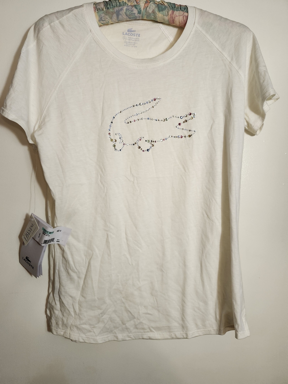 Lacoste White Short-Sleeve Tee with Multicolor Crystal Crocodile